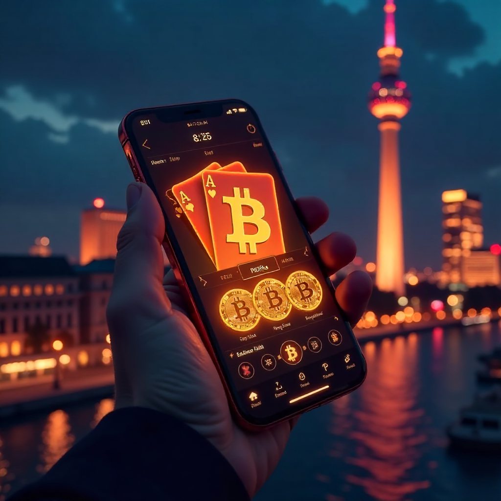 A hand holding a luxury smartphone displaying a high-tech Bitcoin poker app interface with glowing orange and gold accents, background is the Berlin skyline with the TV Tower (Fernsehturm) at night, 3D golden Bitcoin coins and a Royal Flush of playing car